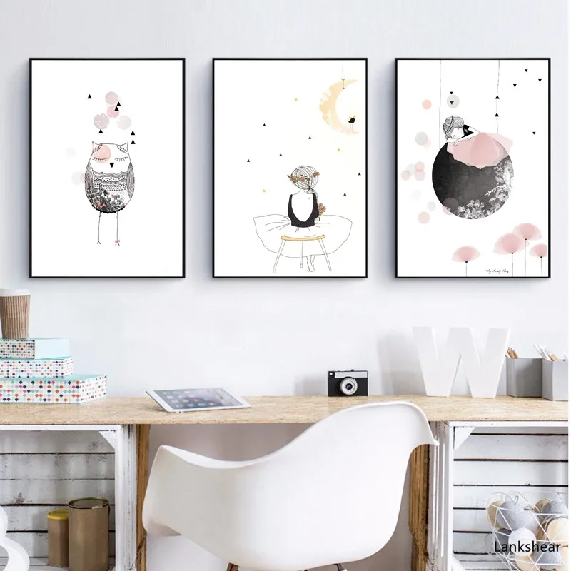 

Watercolor Cartoon Girl Canvas Wall Art Canvas Painting and Poster Animal Owl Wall Picture Canvas Art Print Girl's Room Decor