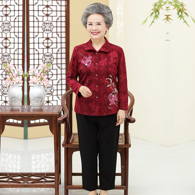 

Elderly Spring Autumn Clothing Shirt Long Sleeve Grandma-Embroider Jacket 60-Year-Old 70 Mom New Style Loose Autumn Clothing Shi