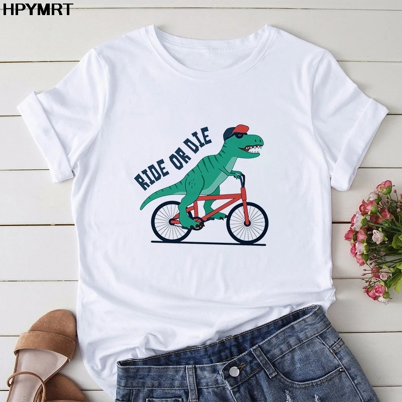 

Ride Or Die Cartoon Dinosaur Print T Shirts Women Harajuku Fashion T-shirt Tops Female Tee Summer Casual Hipster Clothing Tops