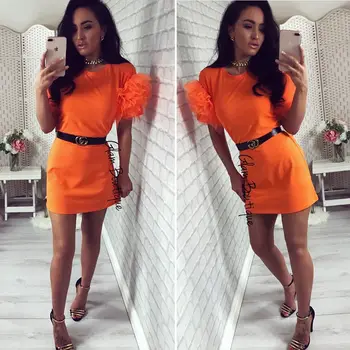 

Women Holiday Tulle Frill Mesh Short Sleeve Mini Dresses Ladies Fashion New O-neck Tunic Ruffle Casual Dress