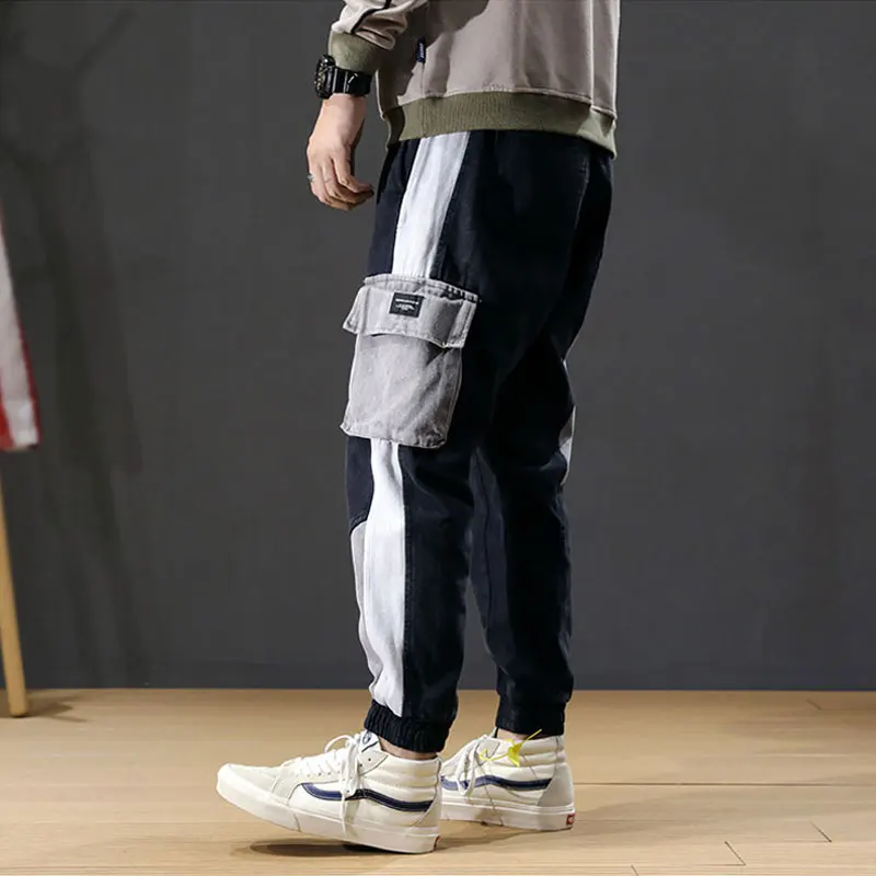 Promo Fashion Streetwear Men Jeans Green Loose Fit Spliced Designer Big Pocket Cargo Pants Harem Trousers Hip Hop Jeans Men Joggers
