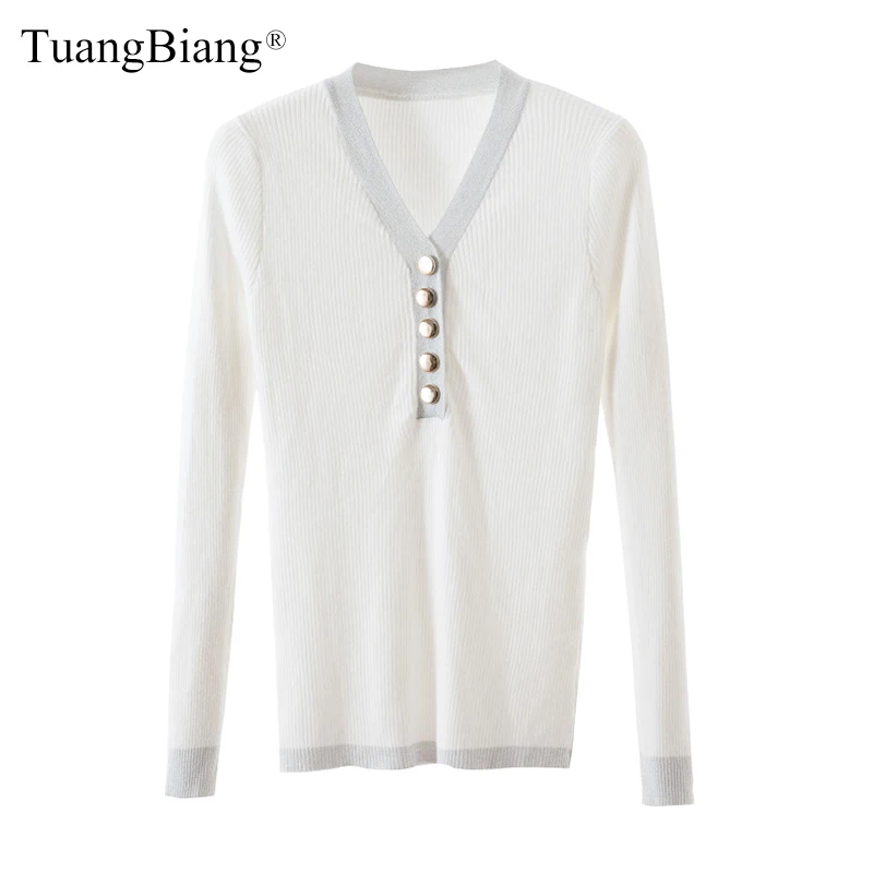 

Twinkle Sexy Deep V-Neck Button Pullovers Lady 2019 Button Sweater knit Bright silk Full Sleeve Women Sweaters Shining Slim Tops
