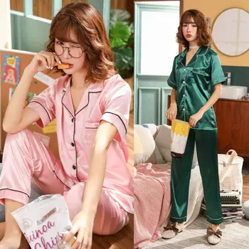 

Womens Pajama Sets Silk Satin Pajamas Pyjamas Ladies Sleepwear Sets Nightgown Night Wear Solid Pocket V Neck Button Short Sleeve