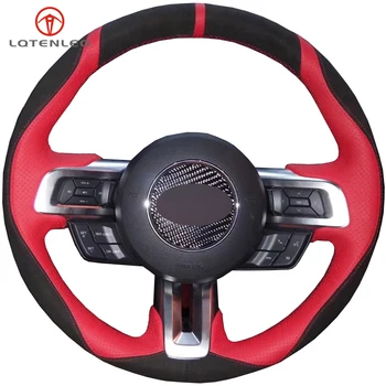 

LQTENLEO Black Suede Red Leather Hand-stitched Car Steering Wheel Cover For Ford Mustang 2015-2020 Mustang GT GT350R 2015-2020