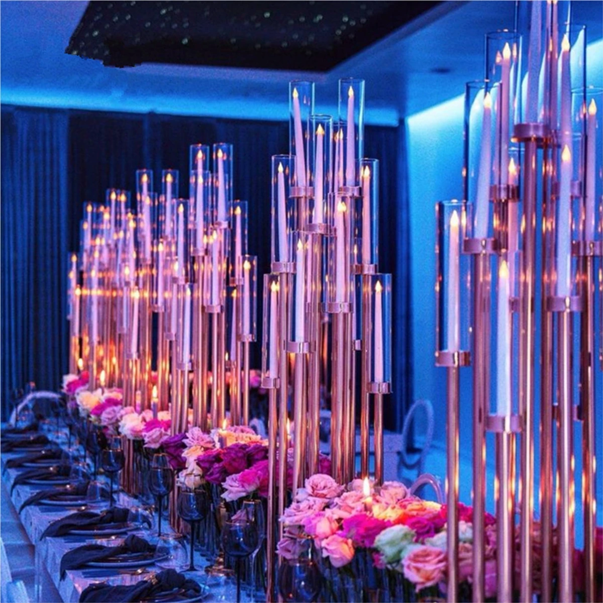 

Wedding Centerpieces Event Decoration Square Base 12 Arms Gold Metal Poles Crystal acrylic tube Candelabra AB0045