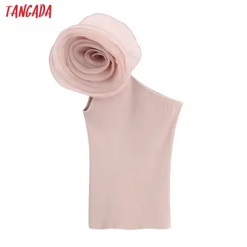 

Tangada women one shoulder off rose mesh patchwork shirt blouse sleeveless sexy slim shirt tops BE523