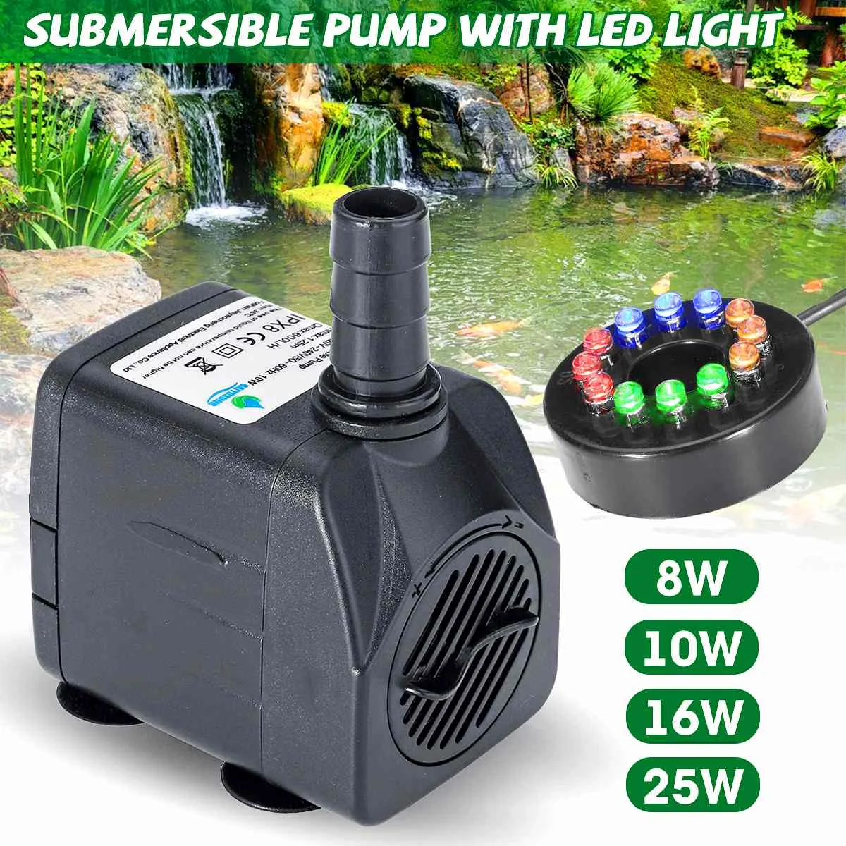 

Submersible Water Pump with LED Light Water Fountain Pump Fish Pond Aquarium Tank Water Pump Garden Decoration 8W/10W/16W/25W