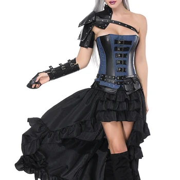 

Women Steampunk Overbust Oblique Shoulder Corset Dress Retro Lace up Bustier