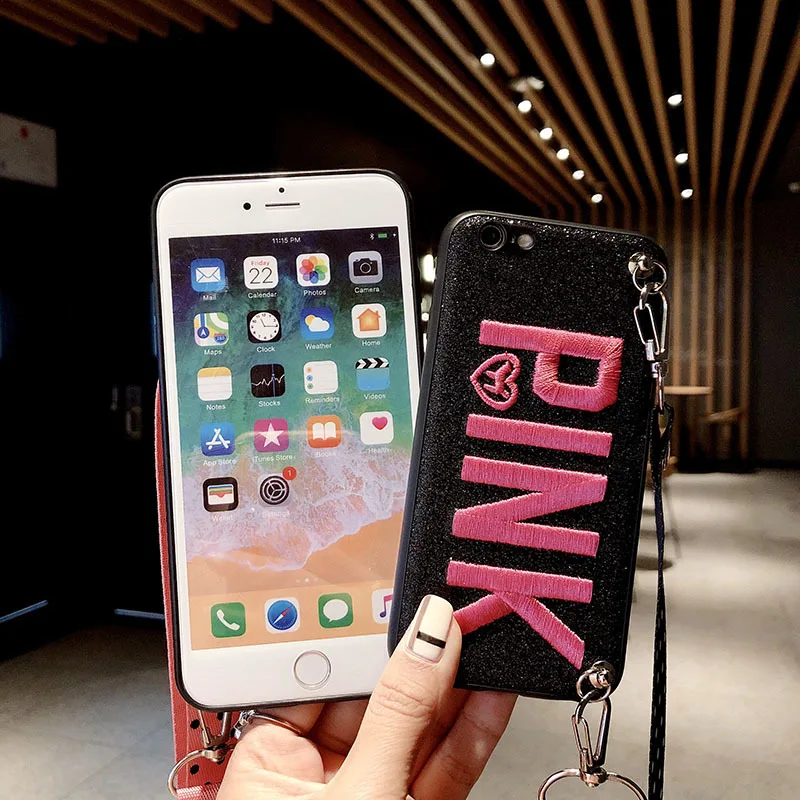 OnePlant Роскошный Розовый Блестящий кожаный чехол с вышивкой для iphone 7 8 6s Plus, модный волнистый ремешок для iphone XR XS Max чехол