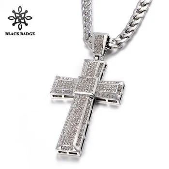 

Shiny Raised Cross Pendant Necklace Men Ice Out Cuban Long Chain Crystal Necklace Crosses For Men Christian Hip Hop Jewelry