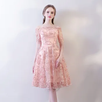 

Sexy Boat Neck Half Sleeve Sweet Short Bridesmaid Dress 2019 New Plus Size Custom Made Lace Up Slim Cheap Party Gown Prom Dress