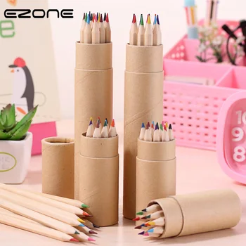 

EZONE 12 Colors Pencils Log Pencil Kraft Paper Packing Safe Non-toxic Children Painting Graffiti Pencils Students Stationery