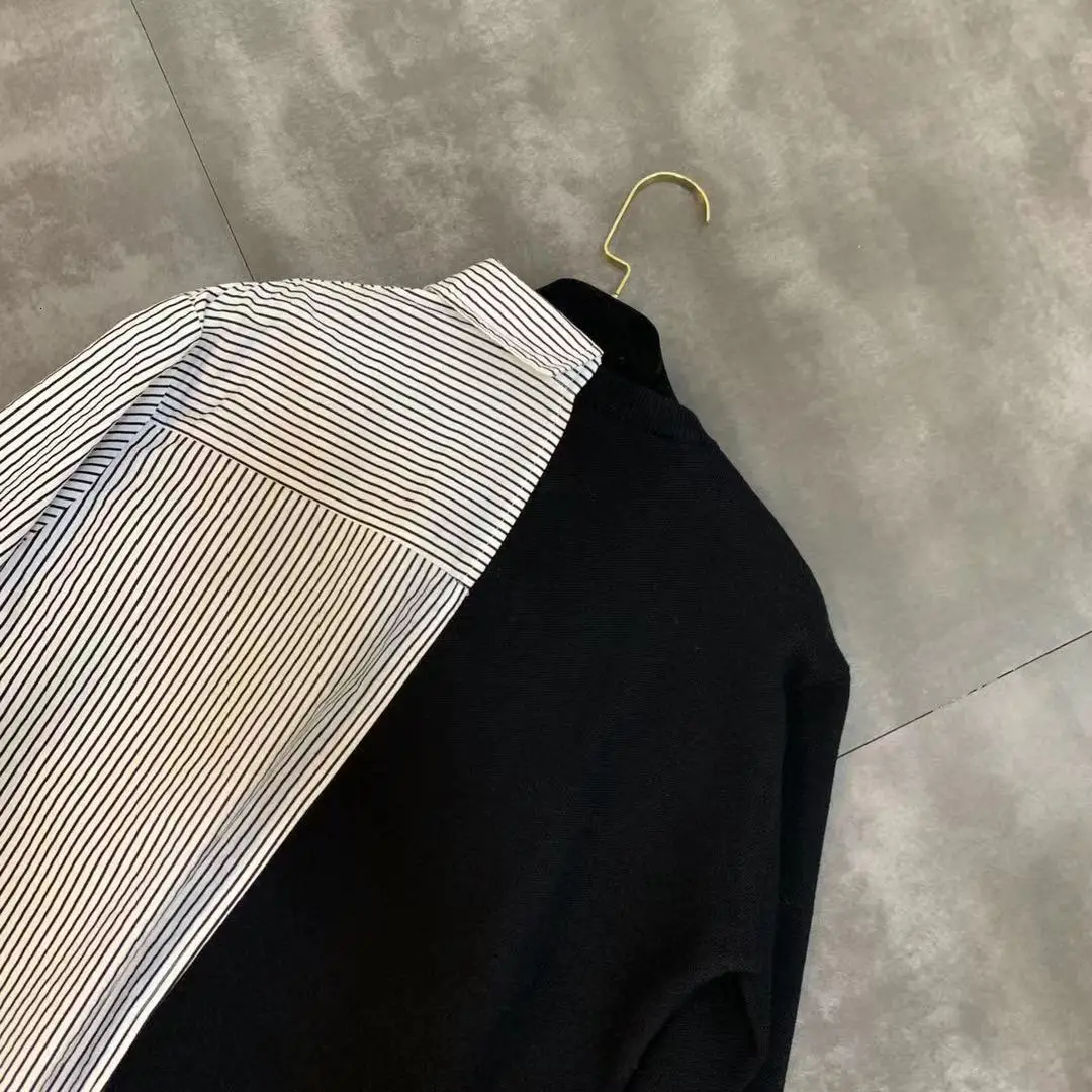 autumn new knit stitching shirt stripe label decoration female