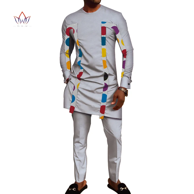 Bazin Riche/мужские комплекты из 2 предметов со штанами, африканский дизайн, одежда в африканском стиле, повседневный Мужской Жаккардовый Топ, рубашки и штаны, комплекты WYN710 - Цвет: 9