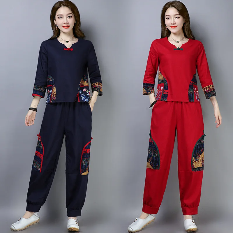 

2019 Spring New Style Ethnic-Style Cotton Linen Embroidered Loose Casual Pants + Tops Two-Piece Set