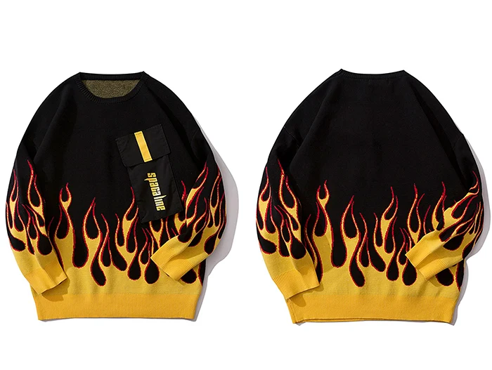 Aelfric Eden Fire Flame вязаная одежда в стиле пэчворк с карманами мужские свитера Harajuku Хип-хоп топы Модные Повседневные пуловеры уличная одежда
