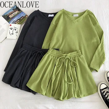 

OCEANLOVE Fashion Women Set Knitted 2020 Autumn Solid V Neck Pullovers+ Shorts Korean Style Two Piece Set Loose Suits 17031