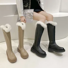 Botas altas femininas inverno quente pelúcia dedo do pé redondo flat botas altas botas femininas na altura do joelho botas com zíper casual plataforma botas femininas