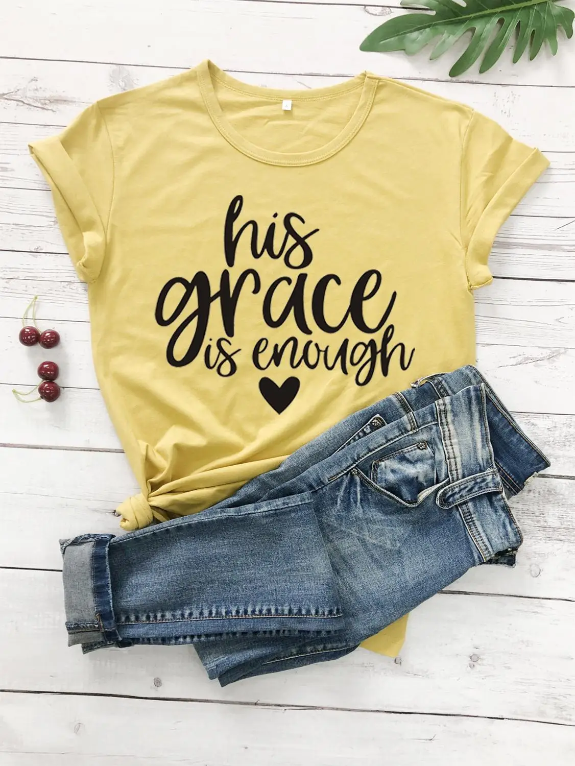 Футболка с надписью «his grace is enough» серая футболка с надписью «His Grace is enough» хлопковая футболка с надписью «his grace is enough» S-3XL - Цвет: mustard--balck text