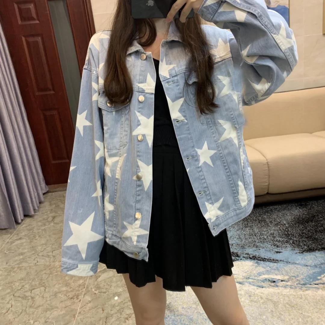 

2019 autumn new women star prints denim jacket coat female oversize casual jacket outerwear gdnz 9.02