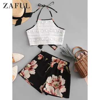 

ZAFUL Women Two Piece Set Lace Halter Panel Knotted Back Crop Top Floral Print Shorts Set Vintage Two Piece Outfits 2020