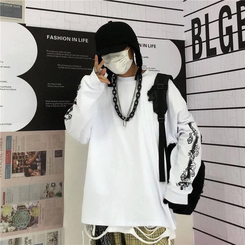 Новая японская версия, крутые футболки с принтом дракона Harajuku, черные футболки в стиле хип-хоп для мужчин и женщин, Весенние футболки с длинным рукавом в стиле пэчворк, свободная футболка