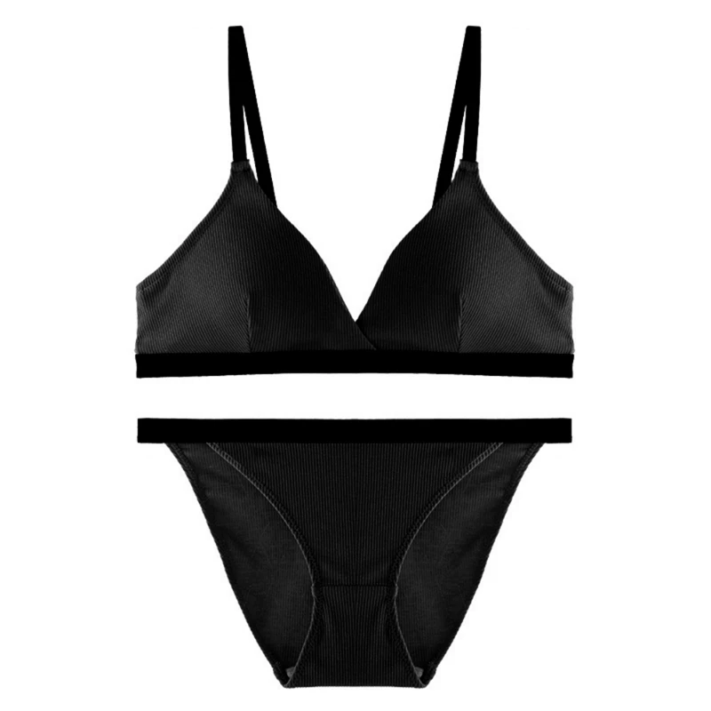 

High Quality Women Sexy Bra Set Striped Underwear Deep V-Neck Push Up Seamless Lingerie Female Bra Briefs White Black Blue Set