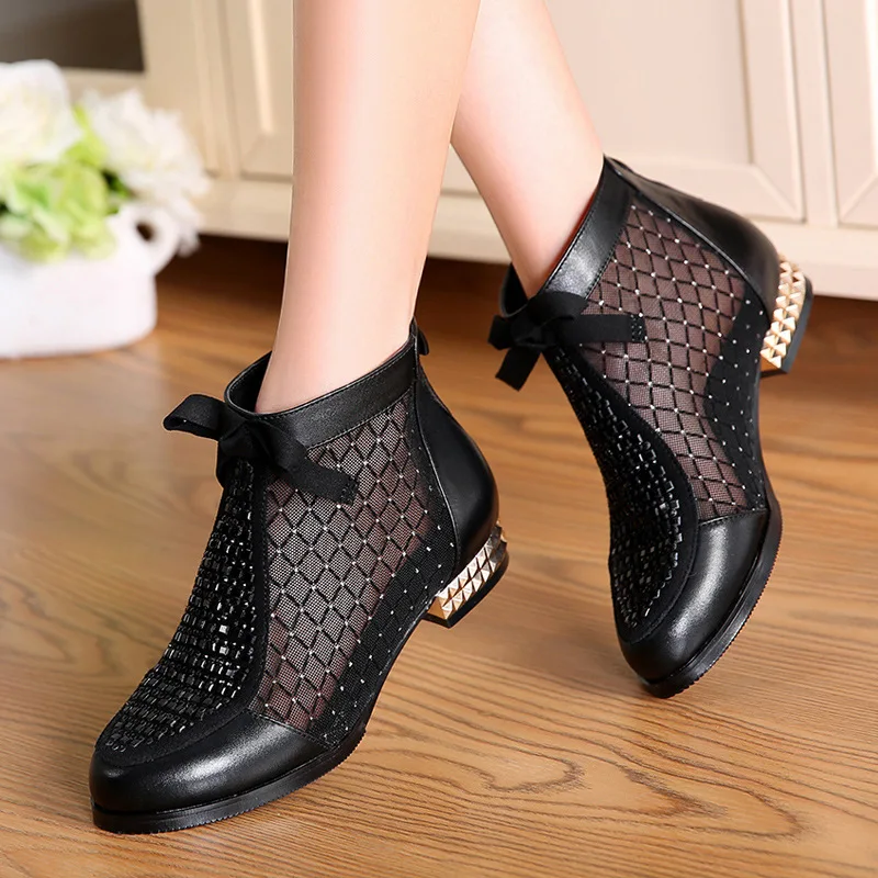 

Fashion Rhinestones Bow Gauze Sandals Summer New Mesn Boots Real Leather Women's Shoes Hollow Boots Large Size ty678
