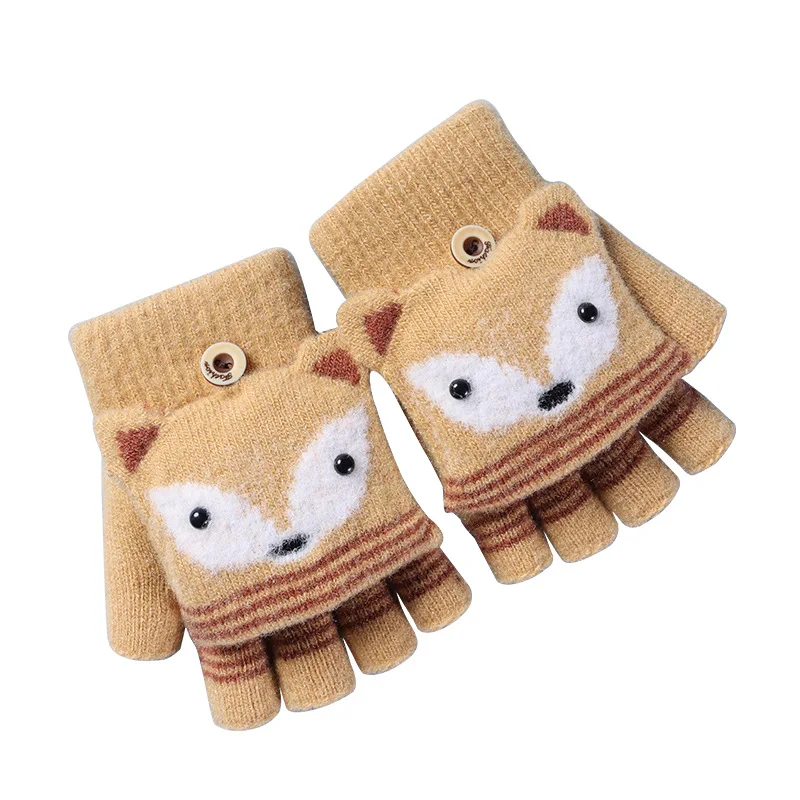 

6-10 Years Old Children Winter Warm Cute Cartoon Fox Knit Mitten Boy Girl Fur Wool Knit Kid Soft Half Finger Flip Glove I89