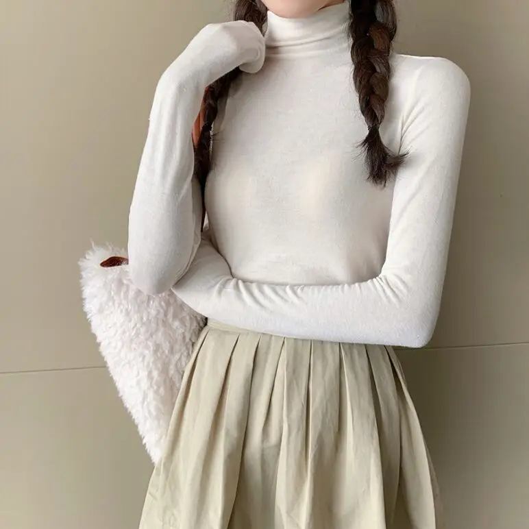 Осенне-зимние женские футболки с высоким воротником и длинными рукавами, однотонные тонкие майки для девочек, футболки, топы для женщин, реальные фотографии - Цвет: Cream white