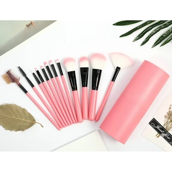 

12Pcs Makeup Brushes Set Make Up Fan Foundation Powder Eyeshadow Face Brush With Brush Case Cup Holder Pink