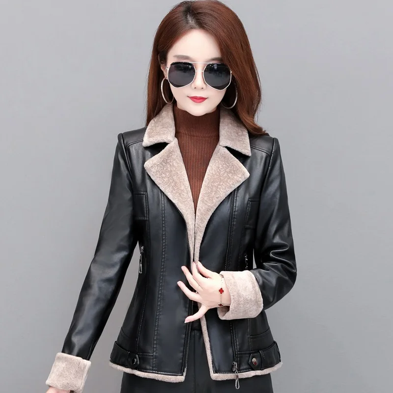 

Leather Jacket Women Female Coat 2021 Autumn New Fashion Inside Plus Velvet Oversize Turn Collar Ladies Outerwear