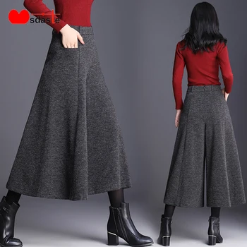 

Winter Woolen Pants Women 2019 High Waist Ankle-Length Loose Trousers Gray Black Pantalon Office Lady Wide Leg Flare Pants