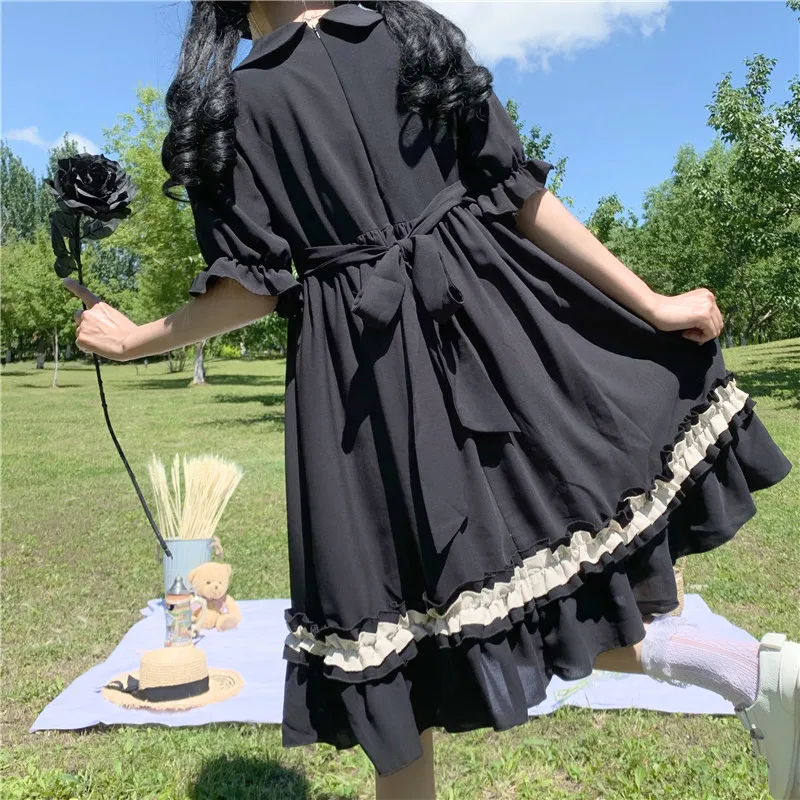 Japanese Lolita Style Sweet Soft Girl Dress Peter Pan Collar Cute Petal Sleeve Bandage Bow Splice Ruffles Kawaii Dresses Women