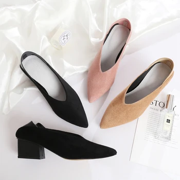 

Fashion suede high heels Womens shoes spring Small size 33 34 pointed two wearing soft black heels Ladies Shoe talon femme