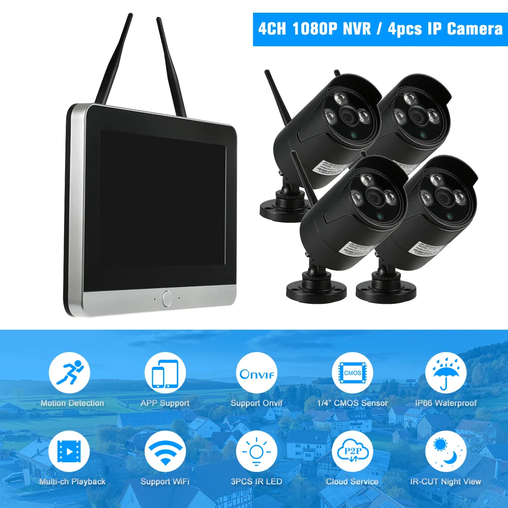 

4CH 1080P HD WiFi NVR Kit with Wireless WiFi Bullet IP Camera Night Vision Phone Control for CCTV Security Surveillance System