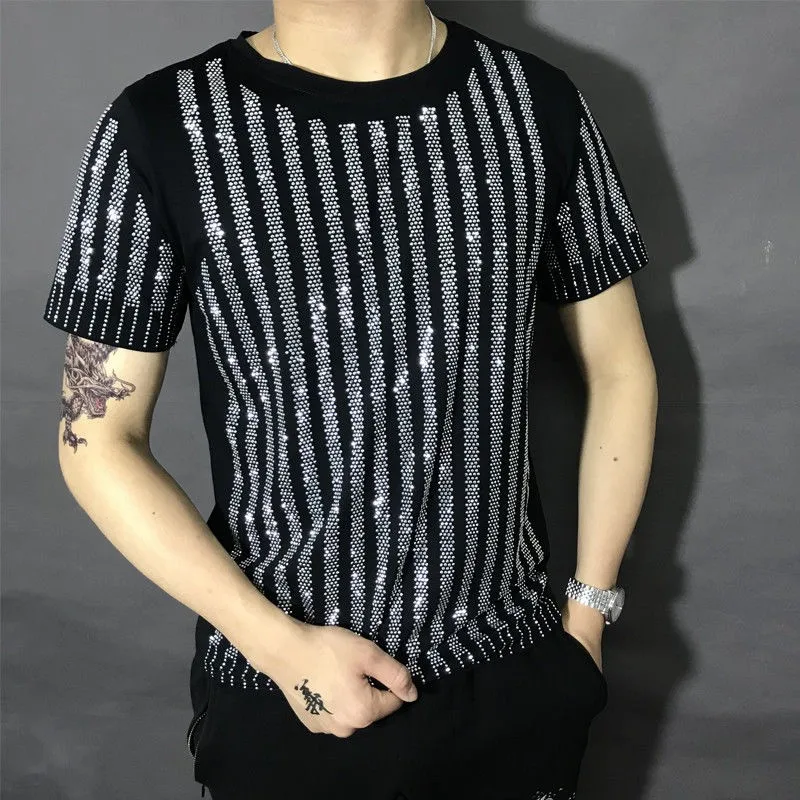 Summer Mens Shiny Diamonds T-Shirt Short Sleeve Slim Fit Bling Bling Tees  Tops Hip Hop