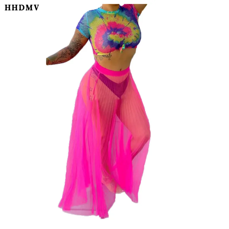 

HHDMV GRS1119 holiday beach style sets short sleeve round neck print short top elastic floor-length skirt two piece sets
