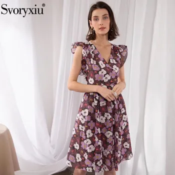 

Svoryxiu Runway Summer Sexy V-Neck Dress Women's Elegant Gold Line Flower Print Ruffles Sleeveless Vacation Dresses Vestdios