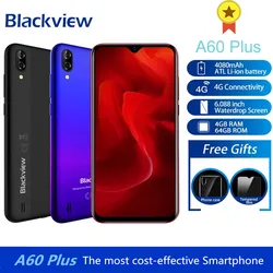 Blackview A60 плюс мобильный телефон 4 Гб + 64 Гб MTK6761V/ВБ 4 ядра 6,088 дюймв виде капли воды, Экран 4080 мА/ч, 4G мобильный телефон с сенсорным ID смартфон