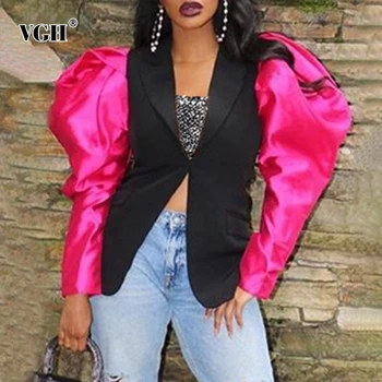 

VGH Patchwork Hit Color Women Blazers Notched Puff Long Sleeve High Waist Ruched Tunic Elegant Suit Female Clothing 2020 Fashion