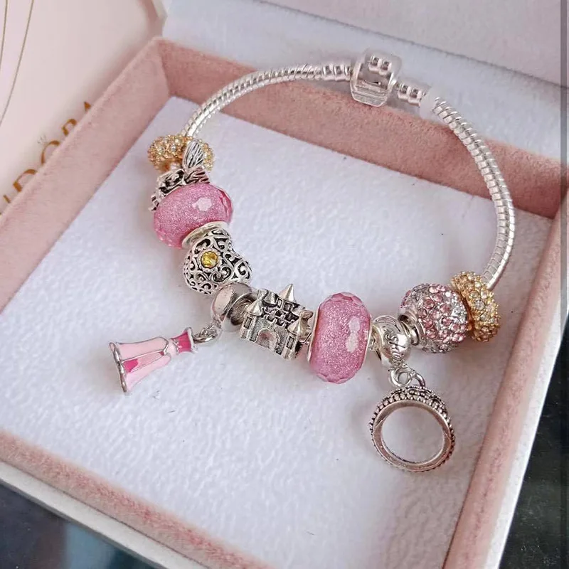 Принцесса Ювелирные изделия Bling Серебряный браслет с шармами и браслеты стеклянные бусины Минни пчела для женщин цепи высокого класса талисманы - Окраска металла: 2