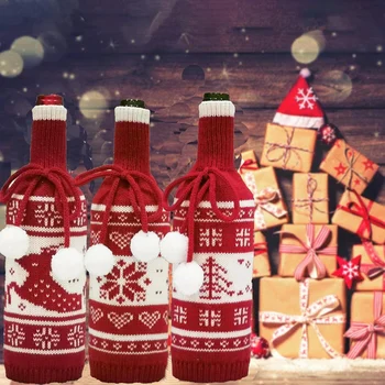 

3Pcs Christmas Red Wine Bottle Covers Bag Knitted Beautiful Snowflake Champagne Bottle Covers Christmas Party Home Decor