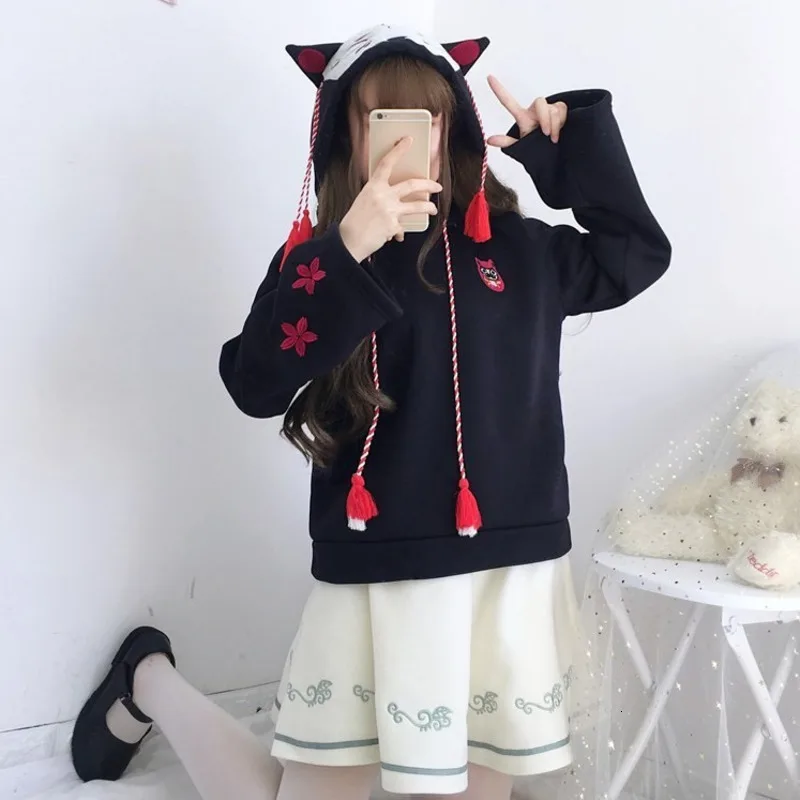 Японские милые уличные модные женские толстовки Harajuku Kawaii С лисьими ушками толстовка с капюшоном с вышивкой Сакура плюс бархатный пуловер Топы