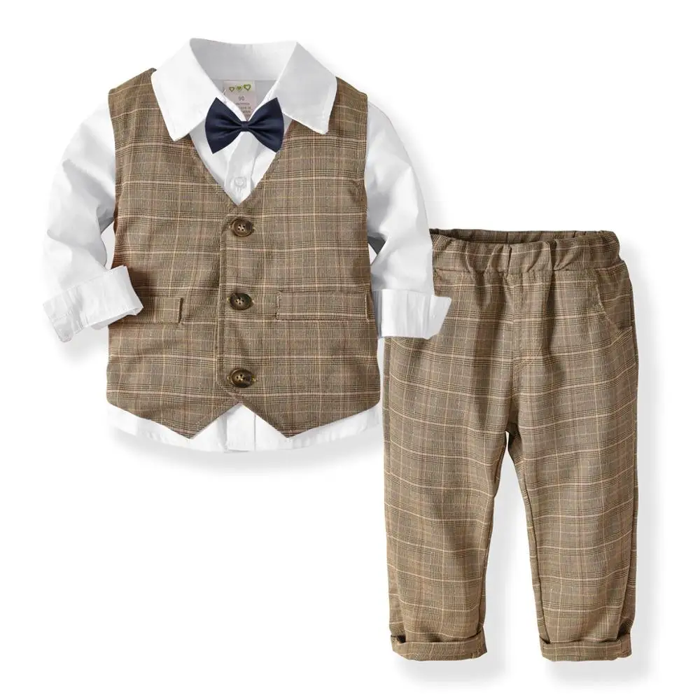 Комплекты одежды для маленьких мальчиков, одежда джентльмена, хлопковая рубашка в полоску+ жилет+ комбинезон, 3 предмета, Одежда для новорожденных, костюмы для детей 1-5 лет
