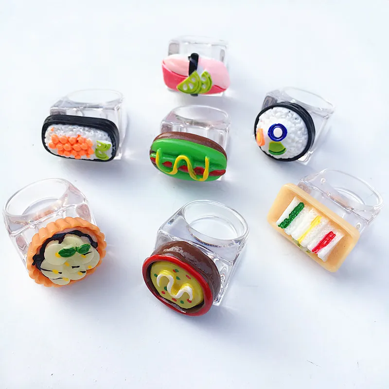 2021 New Transparent Resin Acrylic Cute Sandwich Sushi Rice Bread Girl Chunky Rings For Women Finger Jewelry Party Travel Gift | Украшения