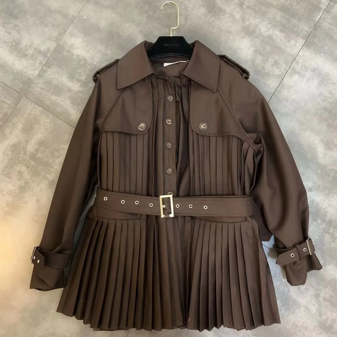 

2019 Autumn New Lapel Long Sleeve Belt Waist Pleated Retro Jacket