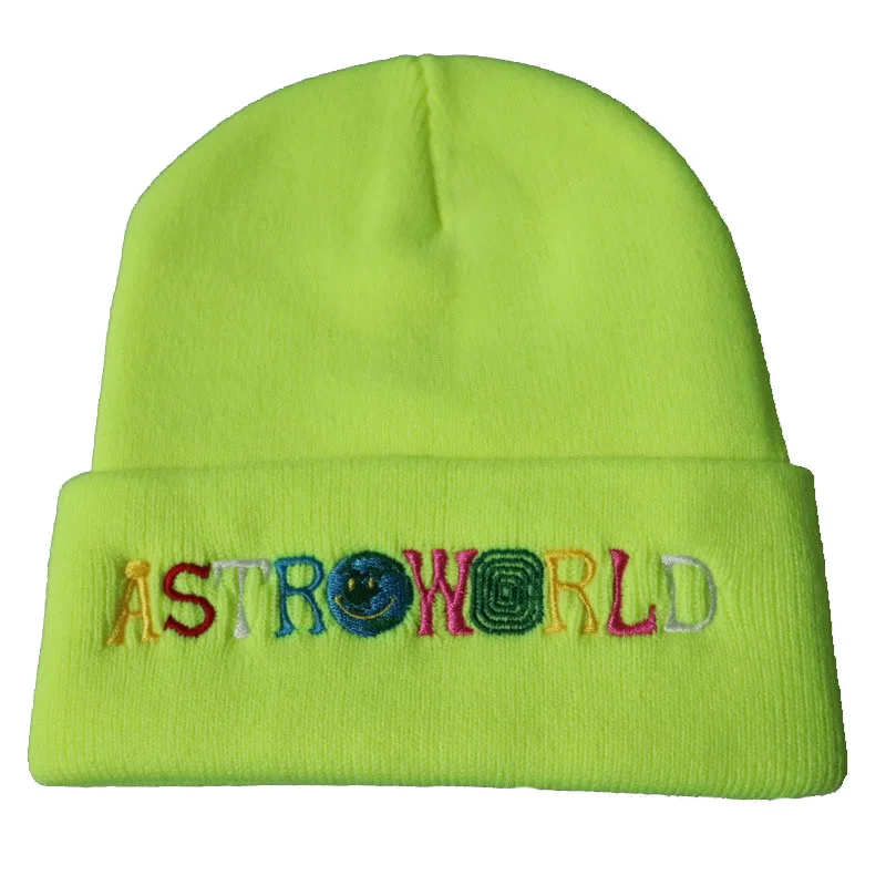 Fluorescent green Зимняя Лыжная шапка унисекс ASTROWORLD wish you here, шерстяная вязаная шапка с вышивкой, регулируемая теплая шапка для папы, шапка в стиле хип-хоп - Цвет: Fluorescent green