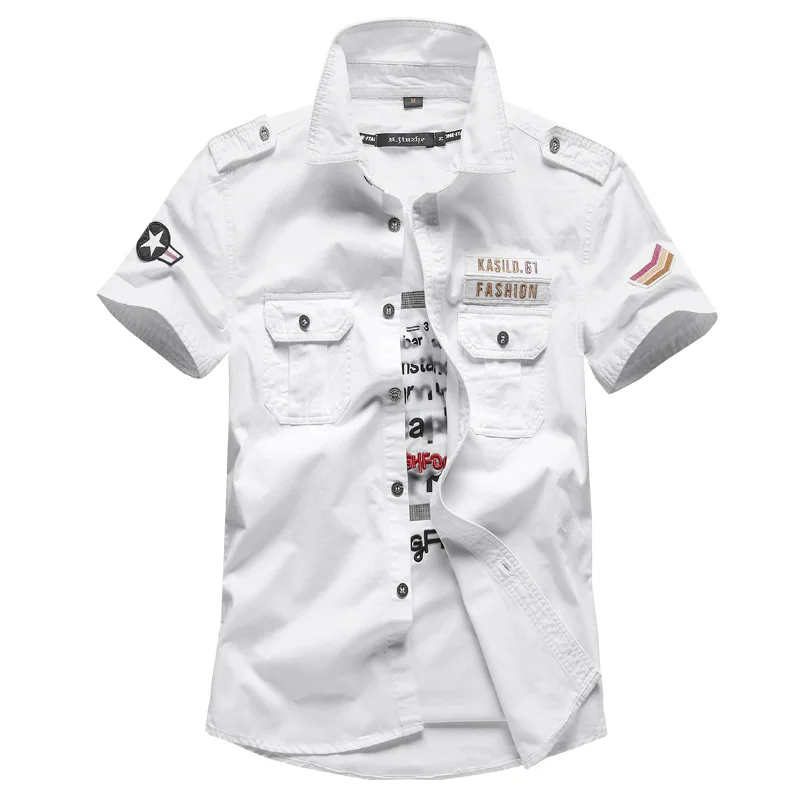

Slim Fit Casual Shirts for Men 2020 Large Size Military Style Uniform with Epaulettes Cotton Youth Short-sleeved Shirt