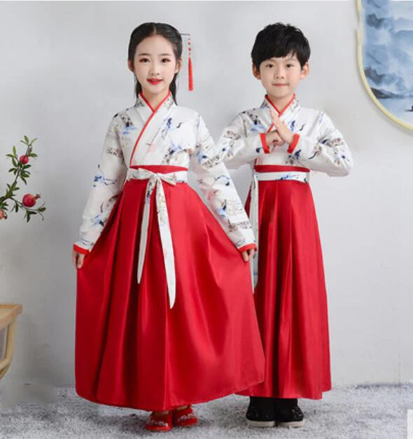 Flower-Red Традиционный китайский древний костюм, сценический костюм Hanfu для мальчиков и девочек, костюм Танга для детей, платье для выступлений, вечерние костюмы династии Цин - Цвет: Flower-Red